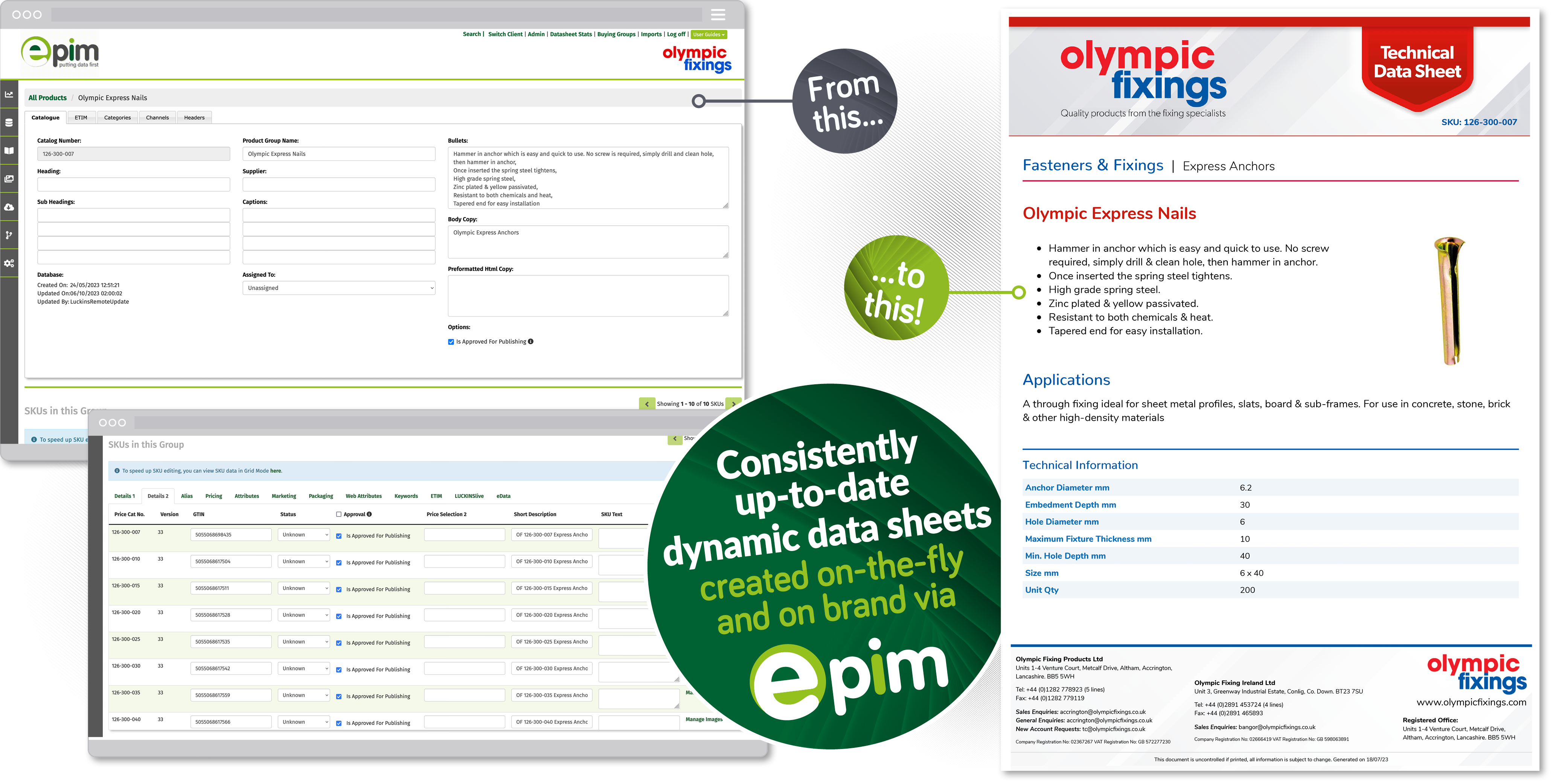 How data appears in e-Pim and how it looks generated as a dynamic data sheet using Olympic Fixings custom designed template.